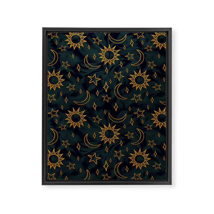 Tie Dye Moon and Star Print in Blue Framed Canvas Print Gallery Image 1