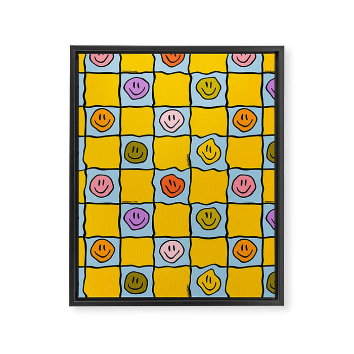 Yellow Happy Face Checkerboard Print Framed Canvas Print Gallery Image 1