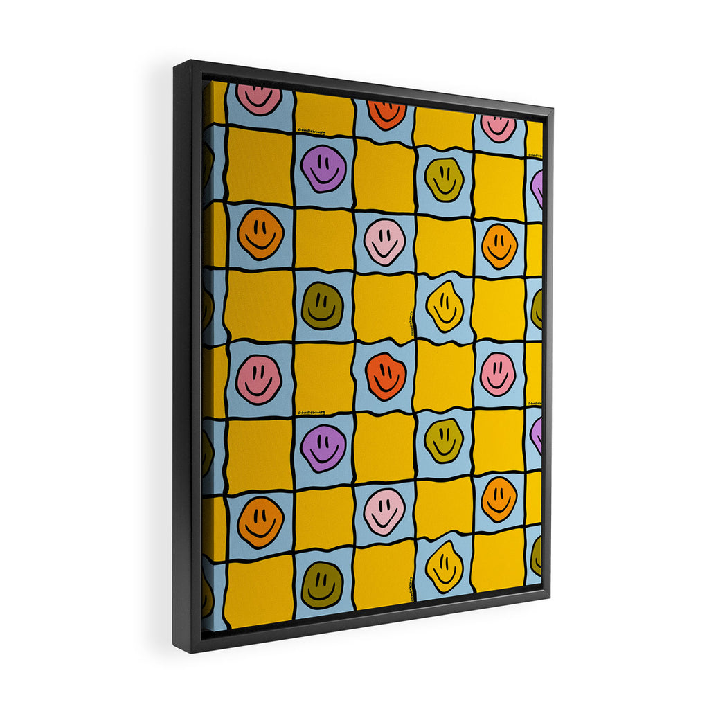 Yellow Happy Face Checkerboard Print Framed Canvas Print Gallery Image 2
