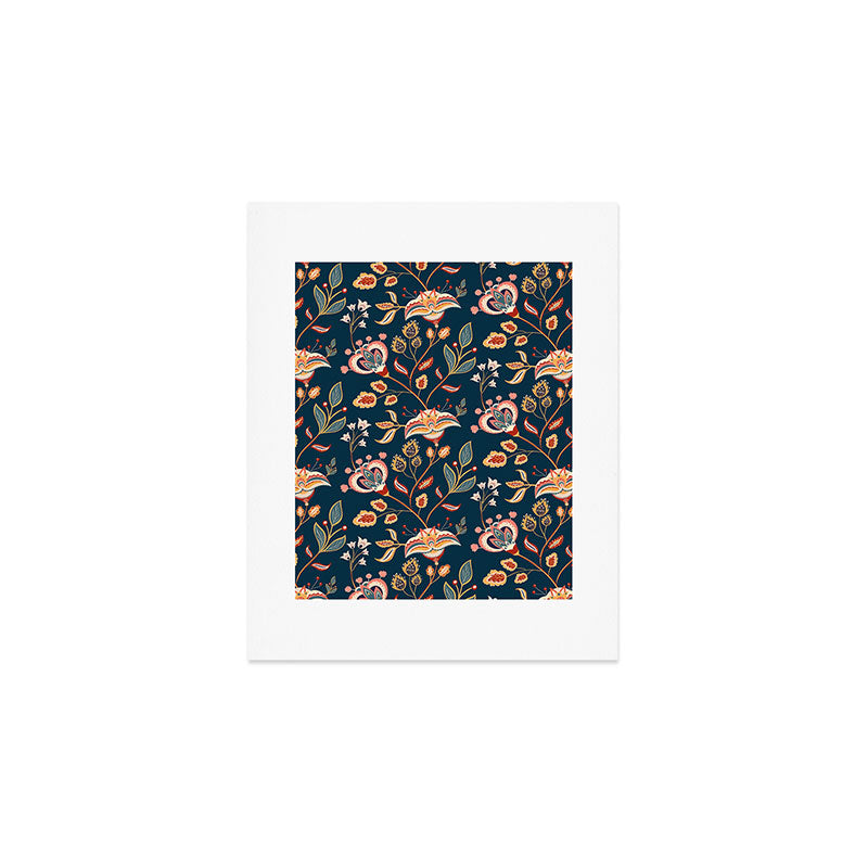 Indian Floral Trail - Deep Navy Blue Art Print Gallery Image 1