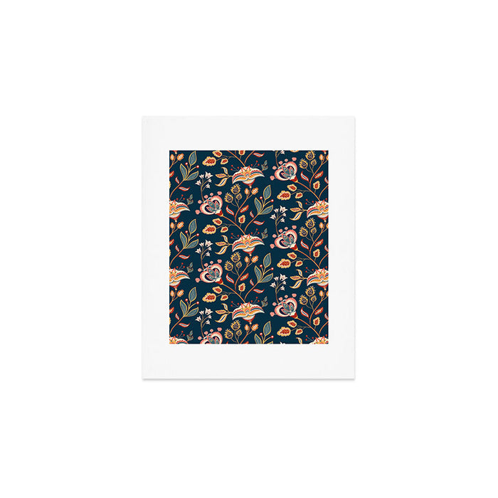 Indian Floral Trail - Deep Navy Blue Art Print Gallery Image 1