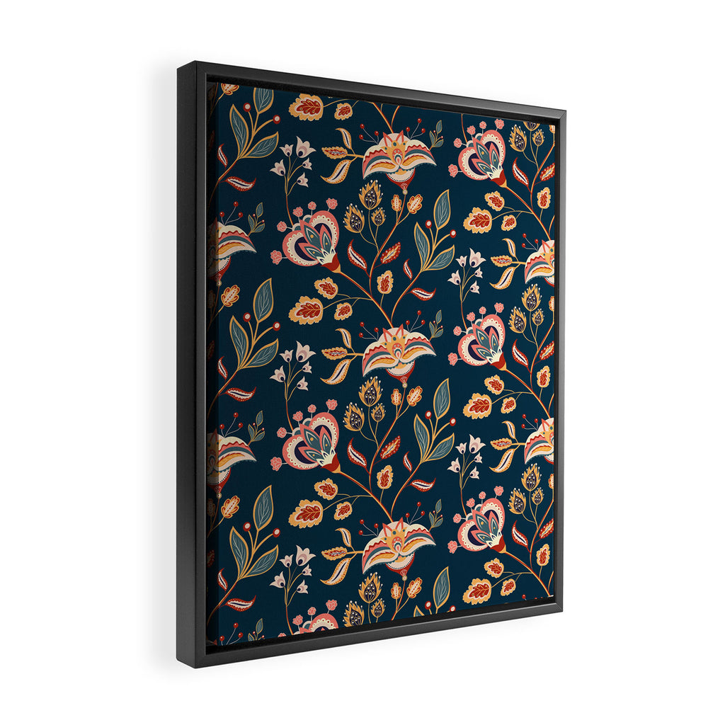 Indian Floral Trail - Deep Navy Blue Framed Canvas Print Gallery Image 2