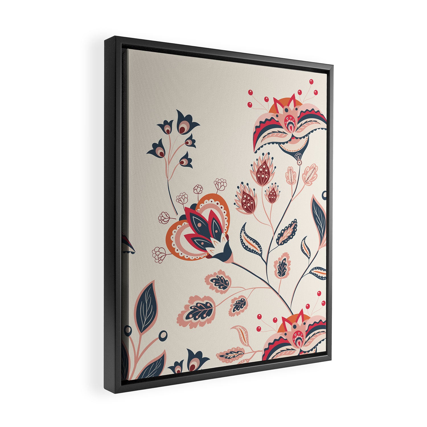 Indian Floral Trail - Ivory Coral Navy Framed Canvas Print Gallery Image 2