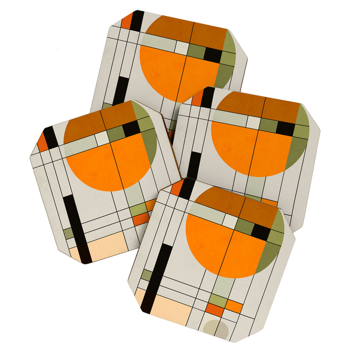 Mid Century Modern Geometric Art Abstract Shapes Orange and Green Retro Design Bauhaus Style  Coaster Gallery Image 1