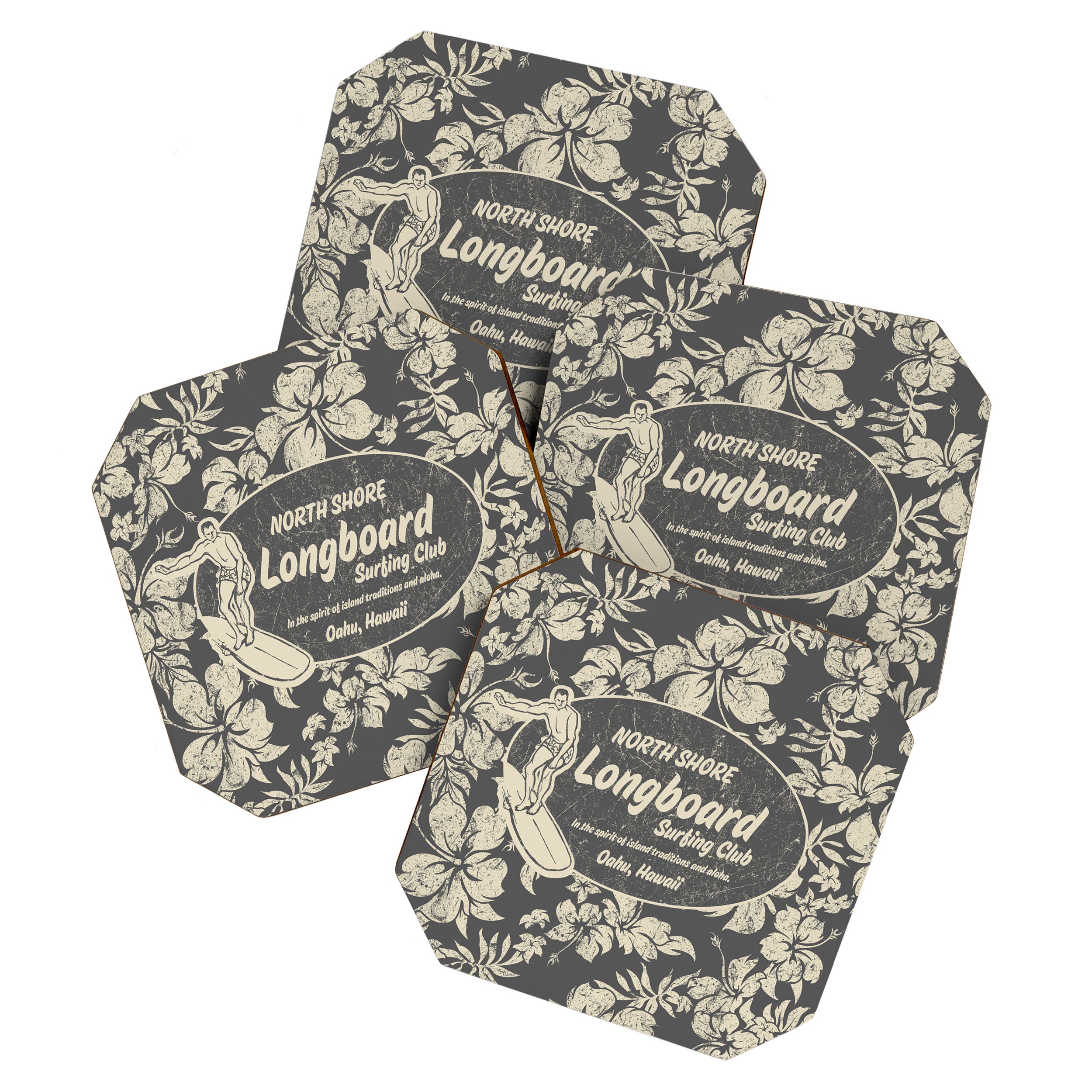 Club Surfing Longboard Logo and Hibiscus Hawaiian Print  Coaster Gallery Image 1