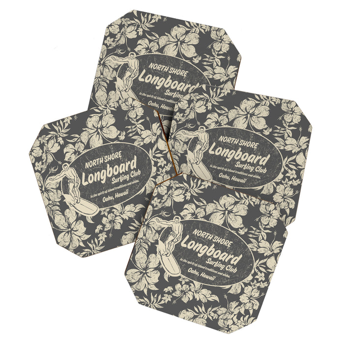 Club Surfing Longboard Logo and Hibiscus Hawaiian Print  Coaster Gallery Image 1