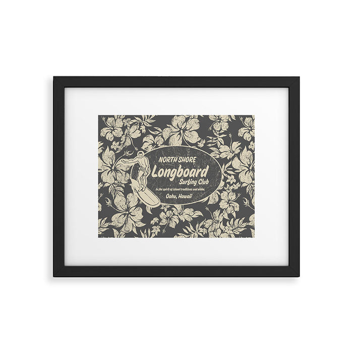 Club Surfing Longboard Logo and Hibiscus Hawaiian Print  Framed Art Print Gallery Image 1