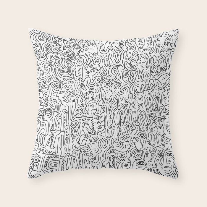 Graffiti Black and White Pattern Doodle Hand Designed Scan Throw Pillow Gallery Image 6