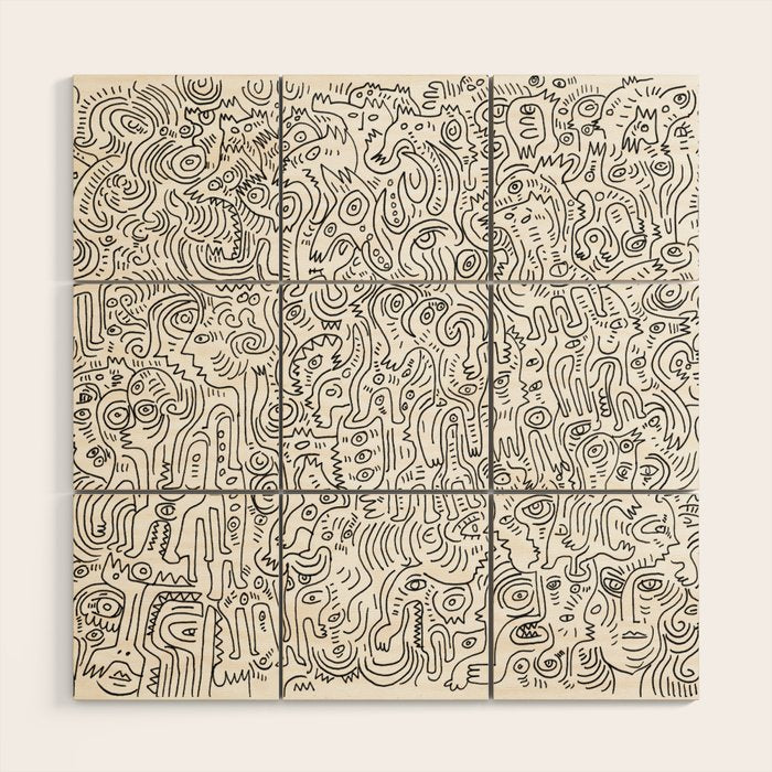 Graffiti Black and White Pattern Doodle Hand Designed Scan Wood Wall Art Gallery Image 1