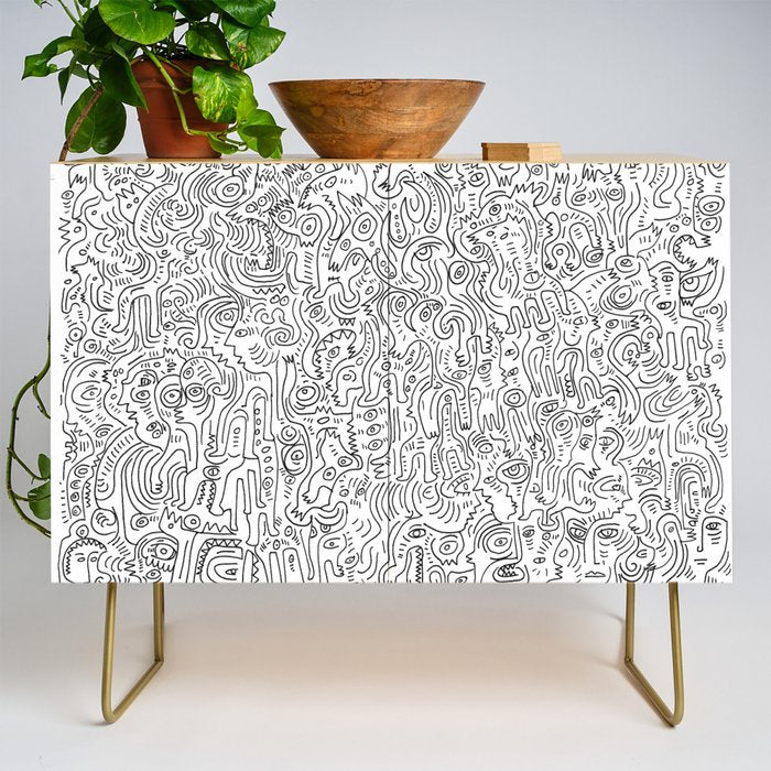 Graffiti Black and White Pattern Doodle Hand Designed Scan Credenza Gallery Image 1