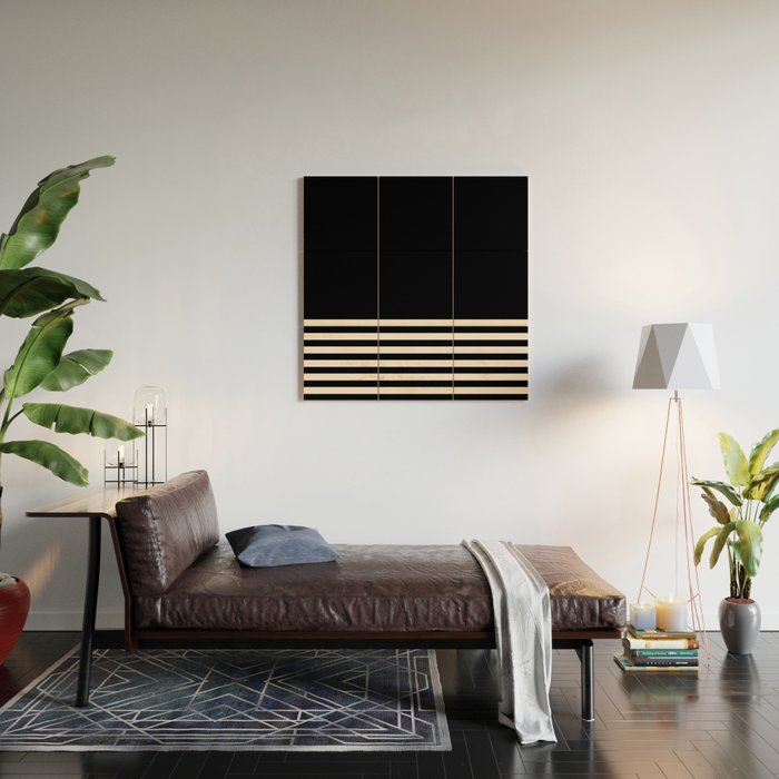 Thin Cuff Stripes Minimalist Pattern in Black and Almond Cream Wood Wall Art Gallery Image 2