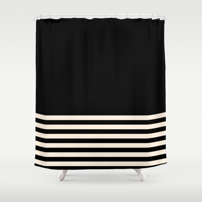Thin Cuff Stripes Minimalist Pattern in Black and Almond Cream Shower Curtain Gallery Image 1