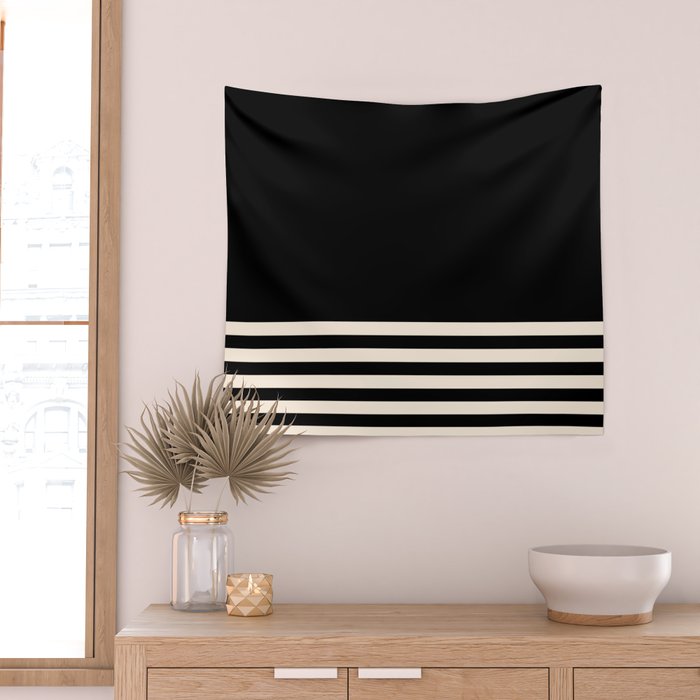 Thin Cuff Stripes Minimalist Pattern in Black and Almond Cream Wall Tapestry Gallery Image 2