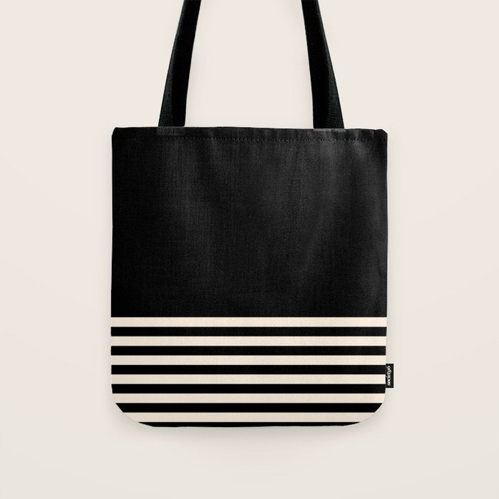 Thin Cuff Stripes Minimalist Pattern in Black and Almond Cream Tote Bag Gallery Image 1