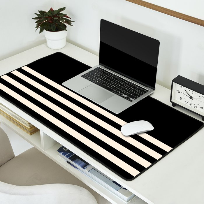 Thin Cuff Stripes Minimalist Pattern in Black and Almond Cream Desk Mat Gallery Image 2