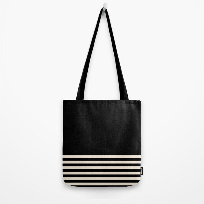 Thin Cuff Stripes Minimalist Pattern in Black and Almond Cream Tote Bag Gallery Image 2