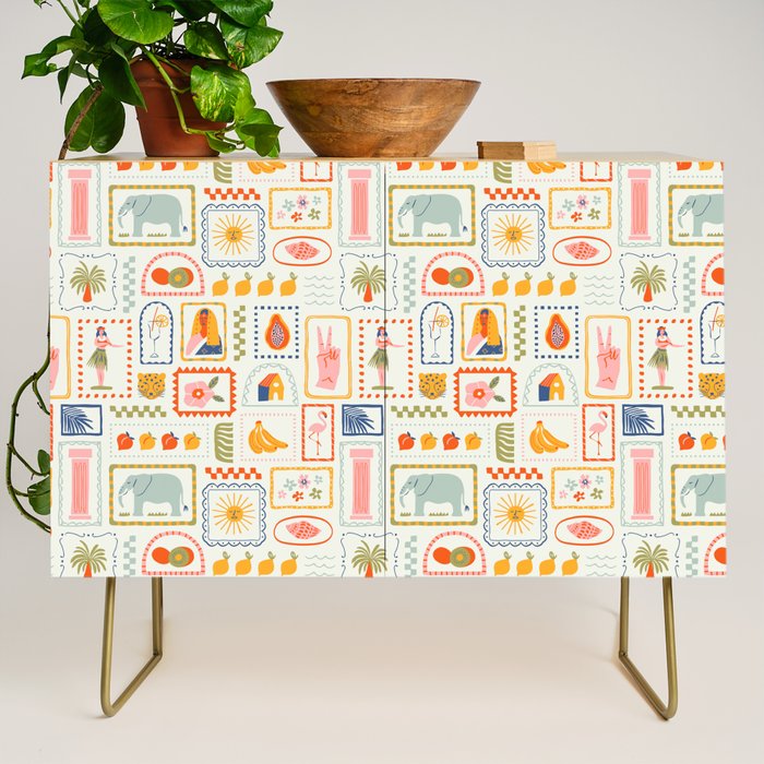 Vintage tropical summer patchwork art pattern Credenza Gallery Image 1