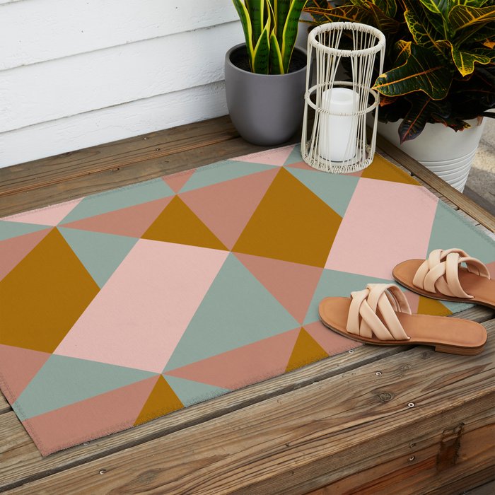 Retro Geometric Triangles in Earthy Pastels Outdoor Rug Gallery Image 2