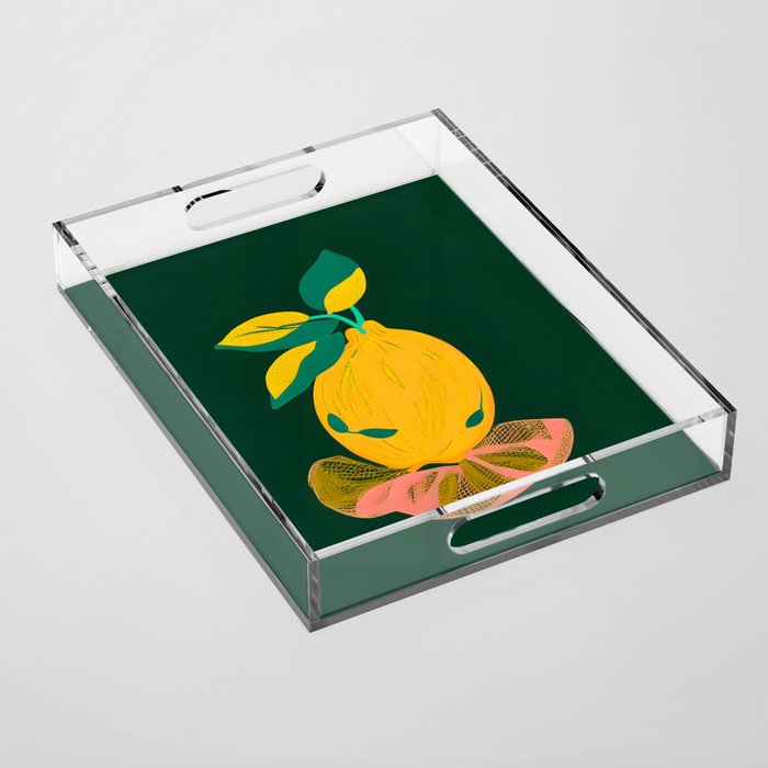 Lemon's Out of The Net Bag, Eclectic Food Fruit Juicy Summer, Whimsical Naïve Quirky Child-like Illustration  Acrylic Tray Gallery Image 1