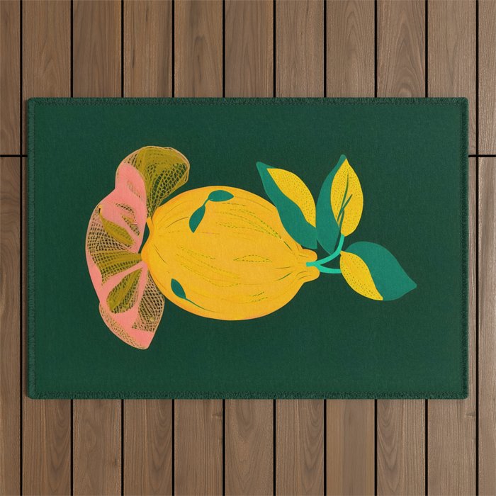 Lemon's Out of The Net Bag, Eclectic Food Fruit Juicy Summer, Whimsical Naïve Quirky Child-like Illustration  Outdoor Rug Gallery Image 1
