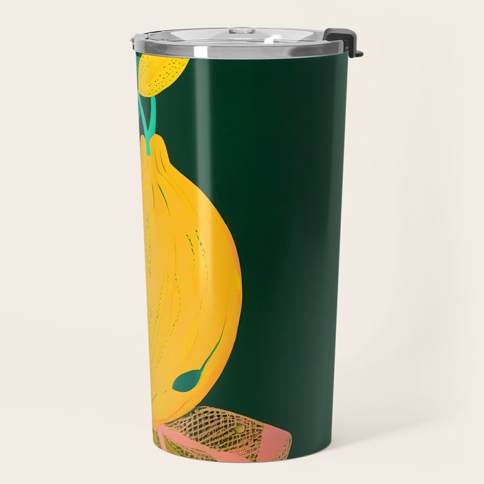 Lemon's Out of The Net Bag, Eclectic Food Fruit Juicy Summer, Whimsical Naïve Quirky Child-like Illustration  Travel Mug Gallery Image 2