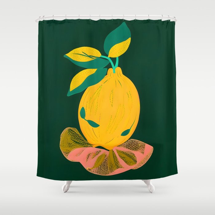 Lemon's Out of The Net Bag, Eclectic Food Fruit Juicy Summer, Whimsical Naïve Quirky Child-like Illustration  Shower Curtain Gallery Image 1