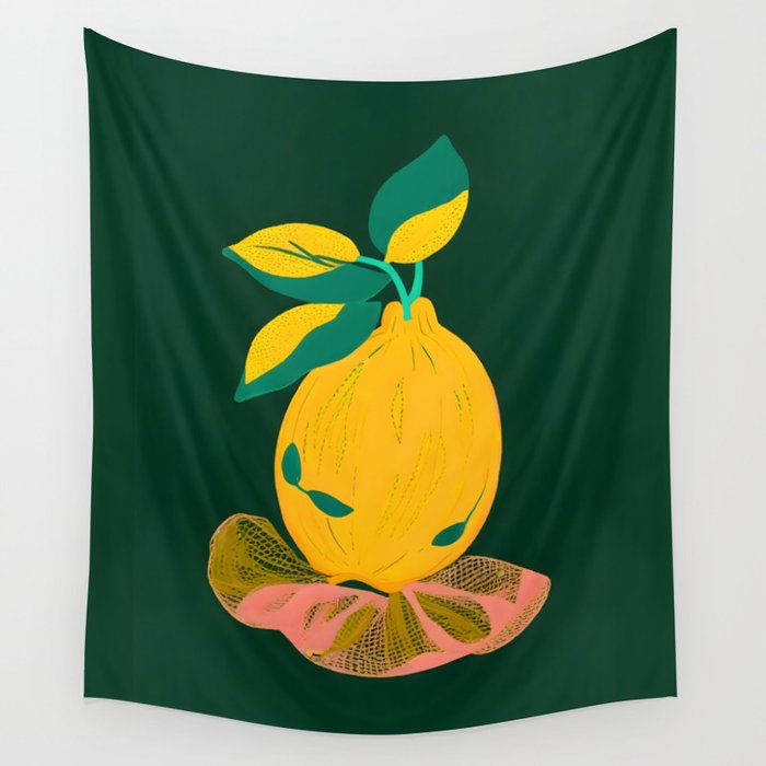 Lemon's Out of The Net Bag, Eclectic Food Fruit Juicy Summer, Whimsical Naïve Quirky Child-like Illustration  Wall Tapestry Gallery Image 4