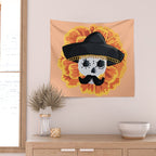Charro mexican kawaii cute sugar skull mexican style cempasúchil mustache mexican sombrero skeleton  Wall Tapestry Gallery Image 2