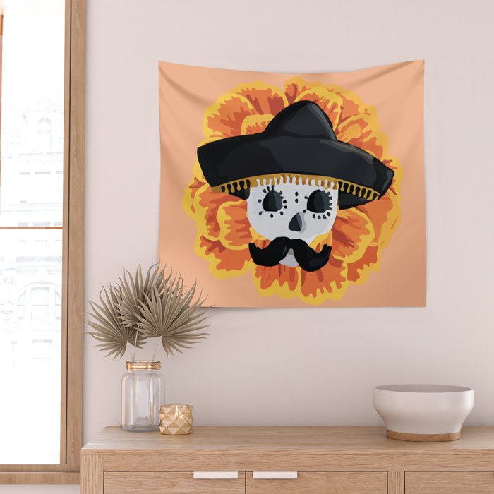 Charro mexican kawaii cute sugar skull mexican style cempasúchil mustache mexican sombrero skeleton  Wall Tapestry Gallery Image 2