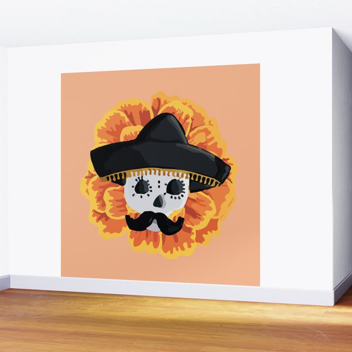 Charro mexican kawaii cute sugar skull mexican style cempasúchil mustache mexican sombrero skeleton  Wall Mural Gallery Image 2