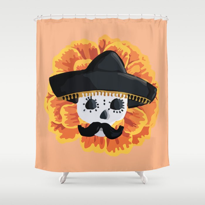 Charro mexican kawaii cute sugar skull mexican style cempasúchil mustache mexican sombrero skeleton  Shower Curtain Gallery Image 1