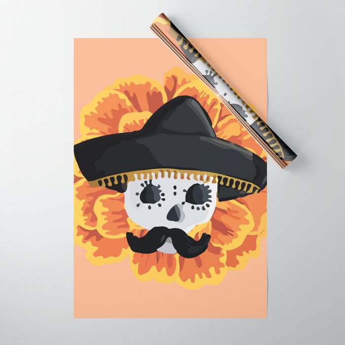 Charro mexican kawaii cute sugar skull mexican style cempasúchil mustache mexican sombrero skeleton  Wrapping Paper Gallery Image 1