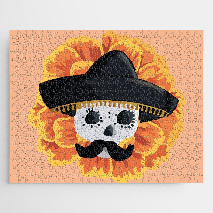 Charro mexican kawaii cute sugar skull mexican style cempasúchil mustache mexican sombrero skeleton  Jigsaw Puzzle Gallery Image 1