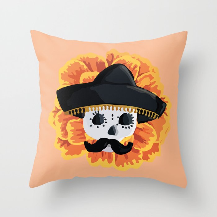 Charro mexican kawaii cute sugar skull mexican style cempasúchil mustache mexican sombrero skeleton  Throw Pillow Gallery Image 1