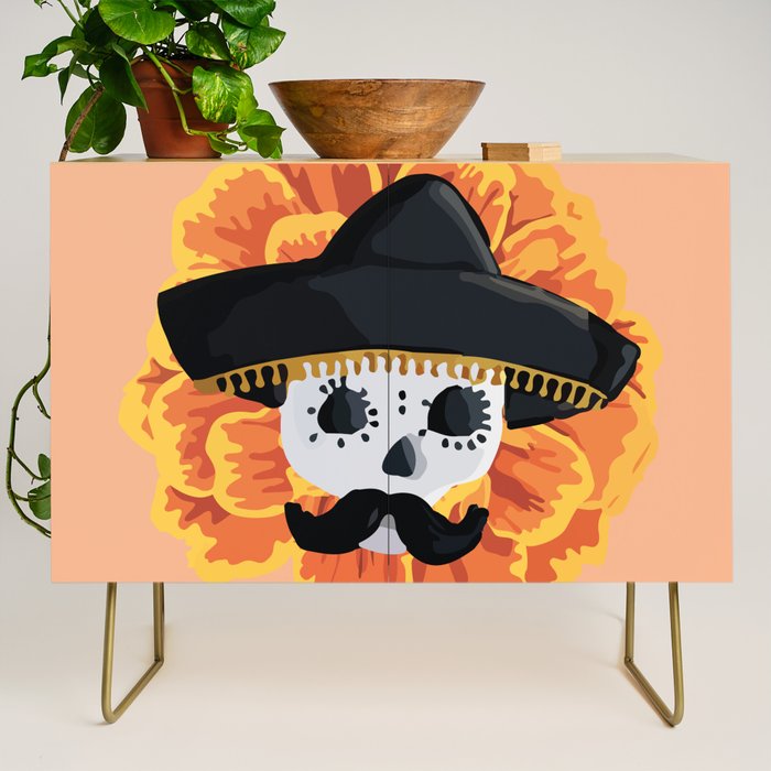 Charro mexican kawaii cute sugar skull mexican style cempasúchil mustache mexican sombrero skeleton  Credenza Gallery Image 1