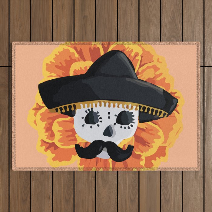 Charro mexican kawaii cute sugar skull mexican style cempasúchil mustache mexican sombrero skeleton  Outdoor Rug Gallery Image 1