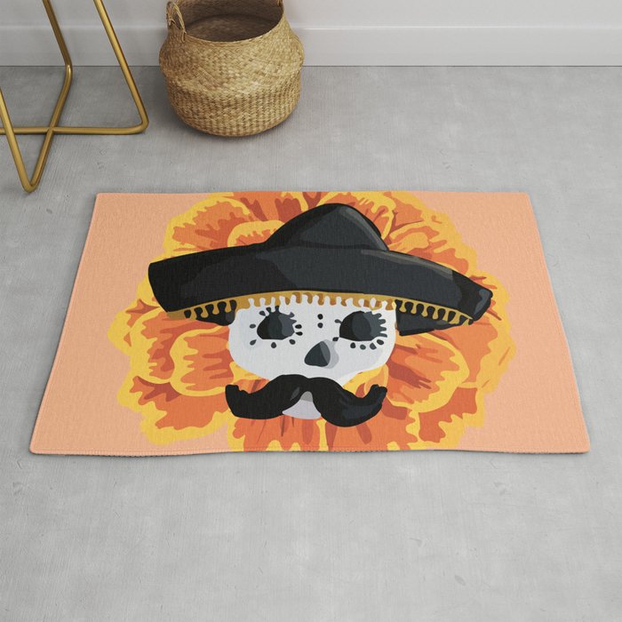 Charro mexican kawaii cute sugar skull mexican style cempasúchil mustache mexican sombrero skeleton  Rug Gallery Image 1
