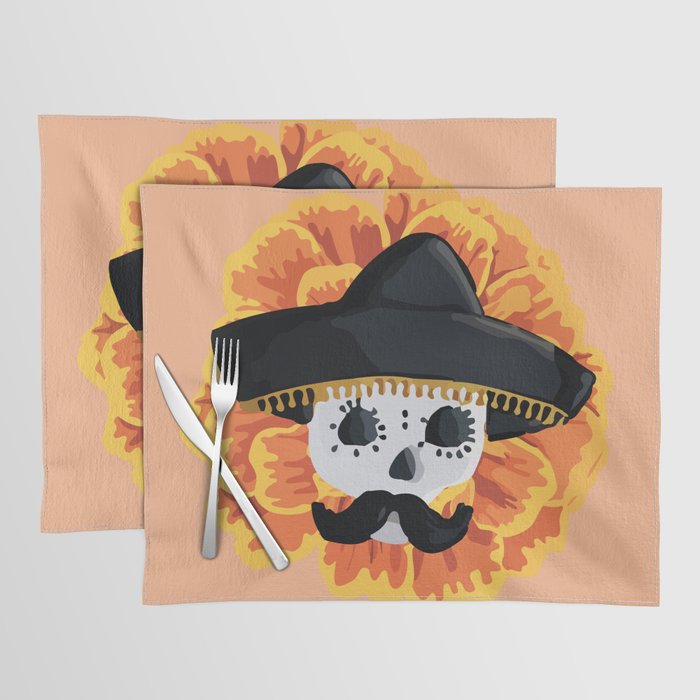 Charro mexican kawaii cute sugar skull mexican style cempasúchil mustache mexican sombrero skeleton  Placemat Gallery Image 1
