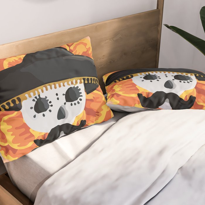 Charro mexican kawaii cute sugar skull mexican style cempasúchil mustache mexican sombrero skeleton  Pillow Sham Gallery Image 2
