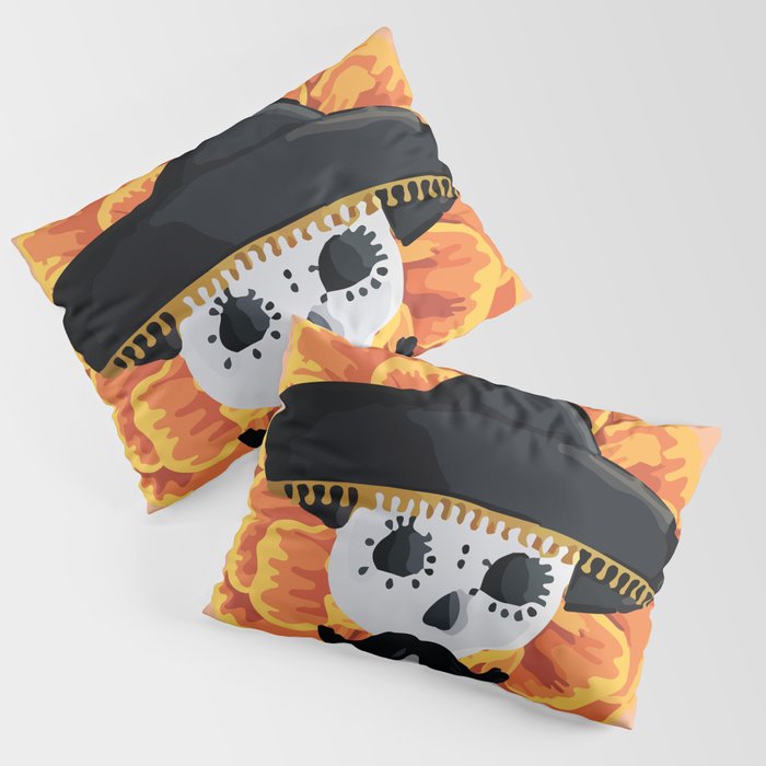 Charro mexican kawaii cute sugar skull mexican style cempasúchil mustache mexican sombrero skeleton  Pillow Sham Gallery Image 3