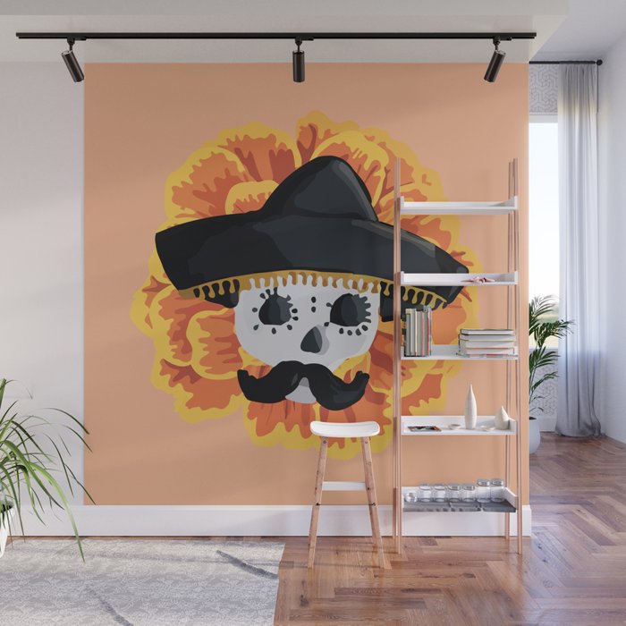 Charro mexican kawaii cute sugar skull mexican style cempasúchil mustache mexican sombrero skeleton  Wall Mural Gallery Image 1
