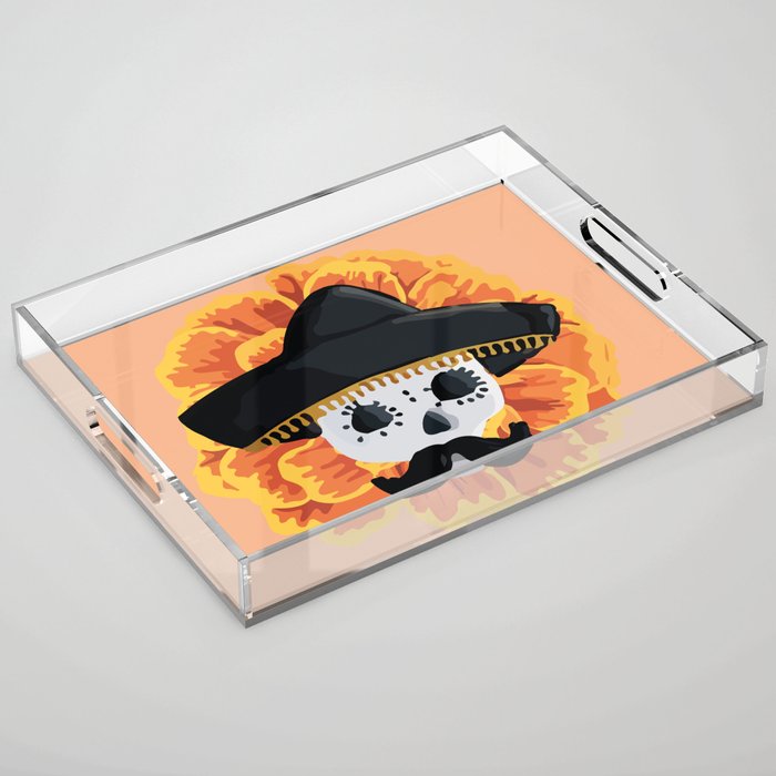 Charro mexican kawaii cute sugar skull mexican style cempasúchil mustache mexican sombrero skeleton  Acrylic Tray Gallery Image 1