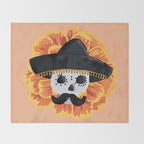 Charro mexican kawaii cute sugar skull mexican style cempasúchil mustache mexican sombrero skeleton  Throw Blanket Gallery Image 2