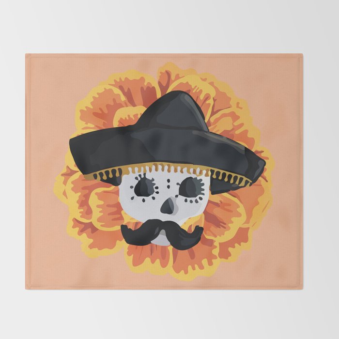 Charro mexican kawaii cute sugar skull mexican style cempasúchil mustache mexican sombrero skeleton  Throw Blanket Gallery Image 2