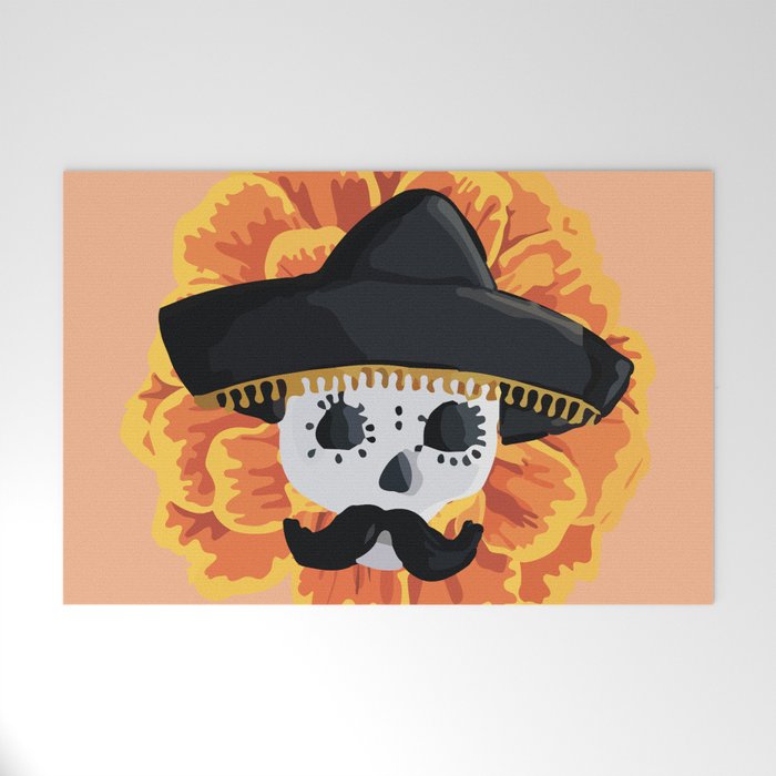 Charro mexican kawaii cute sugar skull mexican style cempasúchil mustache mexican sombrero skeleton  Welcome Mat Gallery Image 1