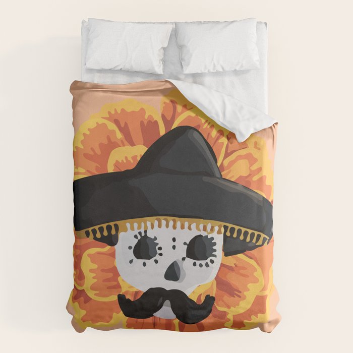 Charro mexican kawaii cute sugar skull mexican style cempasúchil mustache mexican sombrero skeleton  Duvet Cover Gallery Image 6