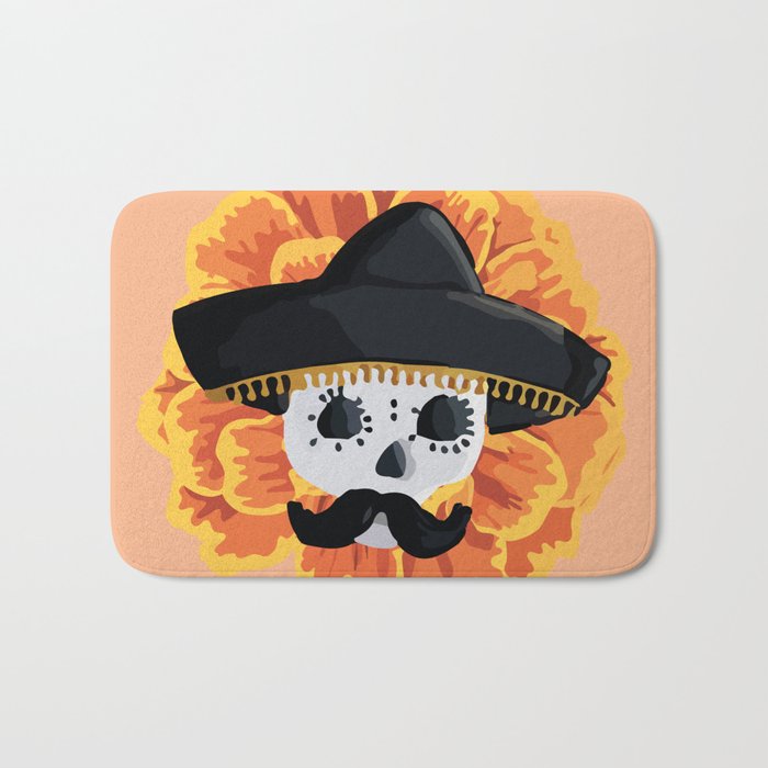 Charro mexican kawaii cute sugar skull mexican style cempasúchil mustache mexican sombrero skeleton  Bath Mat Gallery Image 1