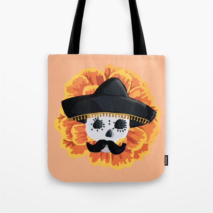 Charro mexican kawaii cute sugar skull mexican style cempasúchil mustache mexican sombrero skeleton  Tote Bag Gallery Image 1