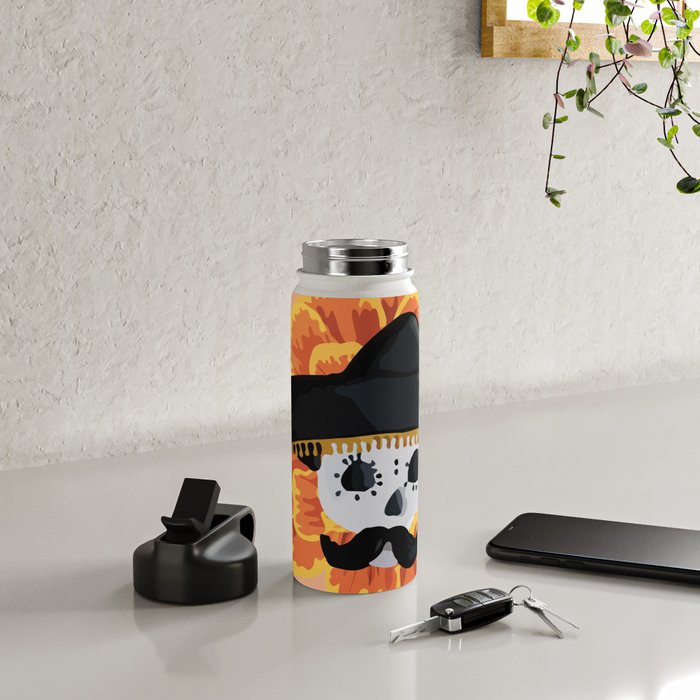 Charro mexican kawaii cute sugar skull mexican style cempasúchil mustache mexican sombrero skeleton  Water Bottle Gallery Image 4