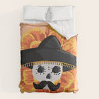 Charro mexican kawaii cute sugar skull mexican style cempasúchil mustache mexican sombrero skeleton  Comforter Gallery Image 6